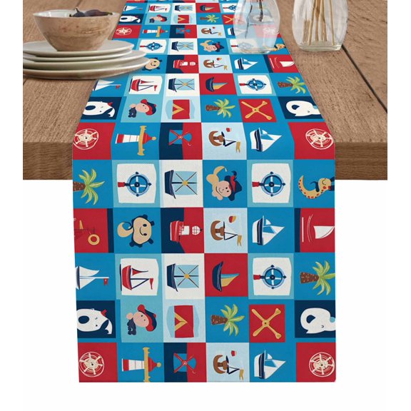 Blue Coastal Plaid Table Runner 70 Inches, Summer Nautical Beach Bed Runner Dresser Scarves Tabletop for Indoor Outdoor Parties/Ceremony/Banquet, 13" x 70"