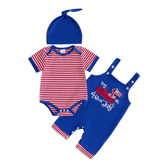 Cenuakty Baby Boy 4th of July Outfit Patriotic Short Sleeve Striped Romper with Letters Popsicle Embroidery Overalls and Hat