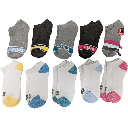 Fila Kids Girls 10-Pack Half Cushion No Show Socks with Hair Ties (Random Knit - Light Gray Heather, Girls Medium (Shoe size 10-4))