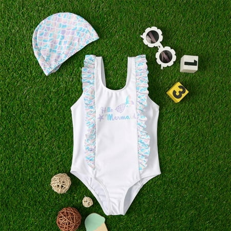 

Bullpiano 1-6T Toddler Girls One-Piece Ruffled Swimsuits with Swim Cap Cute Mermaid Bathing Suits Summer Beach Swimwear Princess Beachwear (White)