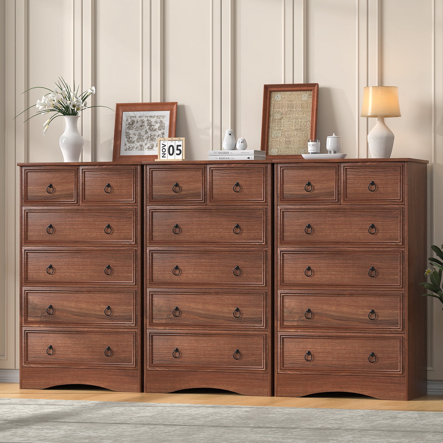 VVFLU Wood Dresser Tall for Bedroom, 6 Chest Drawers, Mid Century Vintage, Cherry Color, Living Room