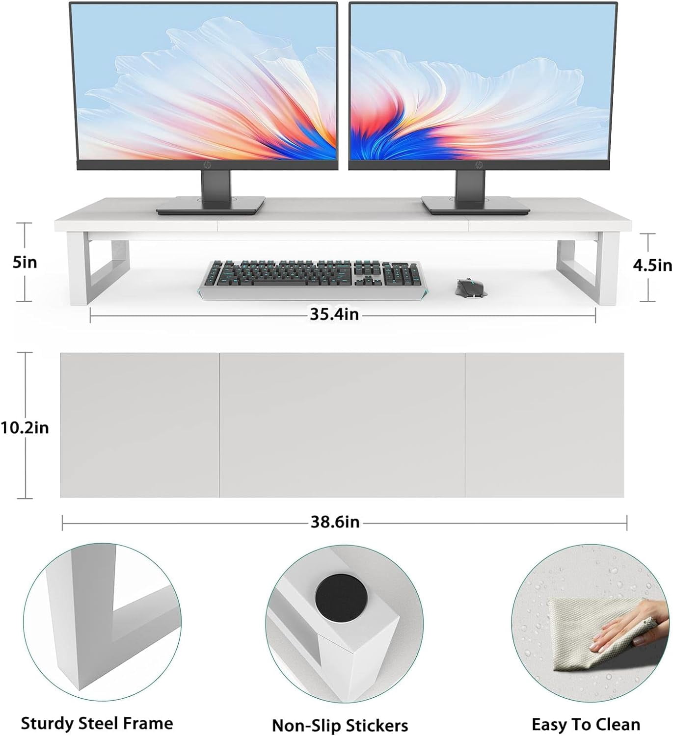 Wooden Desktop Riser Shelf for Dual Monitors, 39-Inch Large Computer Monitor Stand for Office Desks, Laptops, TVs