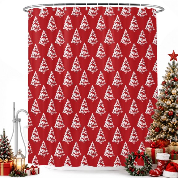 Christmas Tree on Red Shower Curtain for Bathroom, Winter Pine Trees Seamless Waterproof Shower Curtains Washable Quick Dry with Hooks Bathtub Curtains 36x72IN