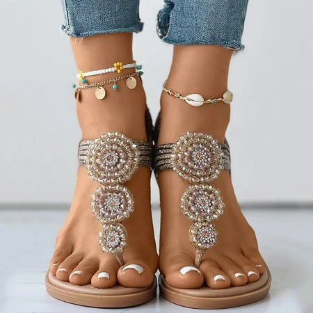 

XDDST Large Size Shoes for Women Sandals Dressy Flip Flops Womens Wedges Sandals Elastic Ankle Strap Casual Beach Shoes Slingback Toe Post Bohemian Beaded Sandals Brown