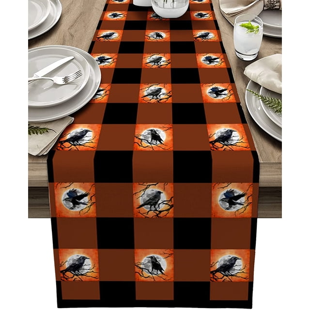 Halloween Rave Pattern Table Runners Orange and Black Buffalo Check Plaid Non-Slip Rectangle Party Table Decorations Dresser Scarf for Kitchen,Home,Dining Table,Outdoor,13X70?Inches Long,Crows