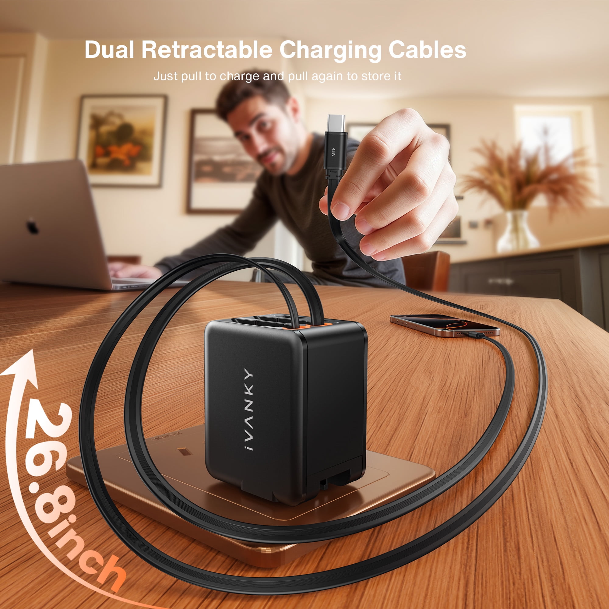 4 in 1 45W Fast Charging Retractable Wall Charger with Dual USB C Cables