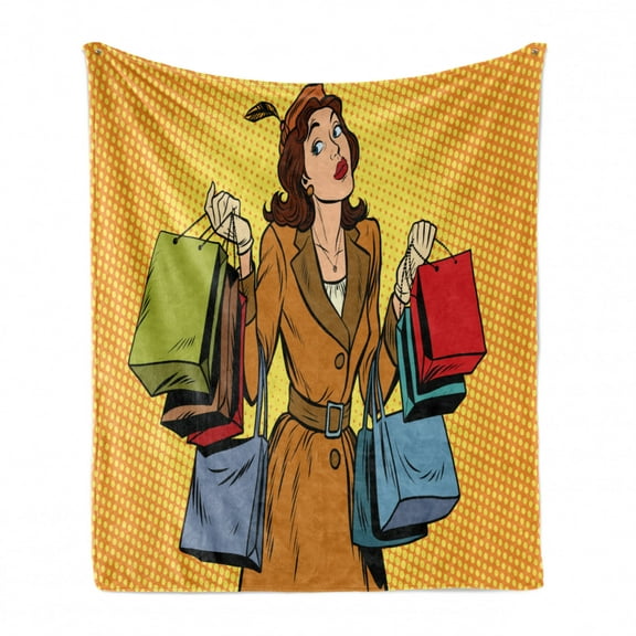 Vintage Woman Soft Flannel Fleece Blanket, Retro Lady with Many Shopping Bags Comic Book Style Pop Art Halftone Design, Cozy Plush for Indoor and Outdoor Use, 50" x 60", Multicolor, by Ambesonne