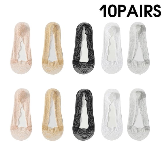 QENASHAING No-Show Socks with Lace Trim, 5-Pack, Breathable Mesh & Anti-Slip Grip for All-Day Comfort with Low-Cut Shoes
