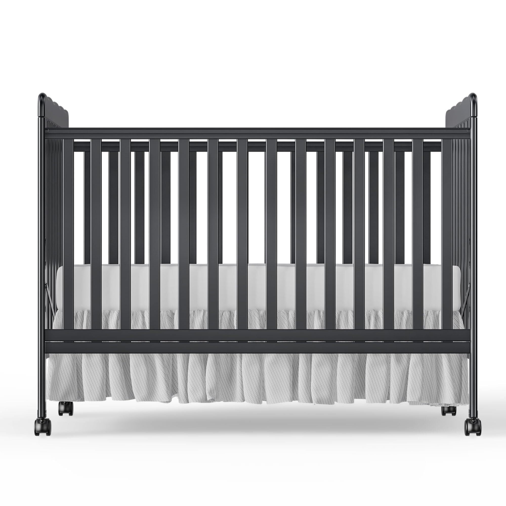 Baby Convertible Crib 3 In 1, Converts from Baby Crib to Toddler Bed, New Zealand Pinewood Baby Bed with Locking Wheels and Teething Rail, Crib with 4 Height Adjustment and Non Toxic Finish, Black