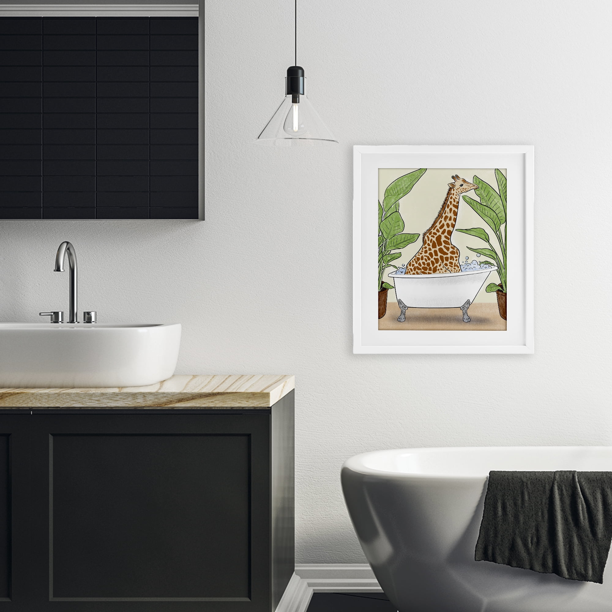 Stupell Industries Bathing Giraffe & Plants White Framed Print Under Glass, design by Marcus Prime