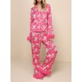 thumbnail image 3 of Women Christmas Silk Pajamas Lounge Set Print Button Down Fur Trim Shirts Tops Pants Set 2pcs Sleep Loungewear Outfits, 3 of 7