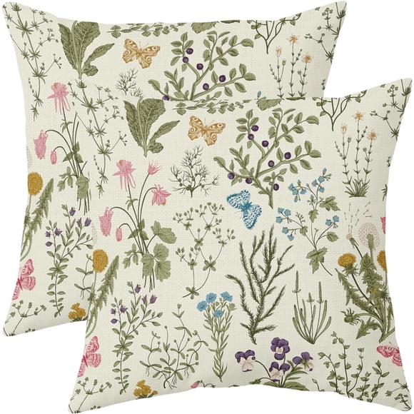 Housses de Coussin de Printemps 18x18, Ensemble de 2, Vert Sauge, Floral, Fleurs Sauvages, Coussins Décoratifs, Extérieur, Été, Imprimé de Plantes, Saisonnier, Style Ferme, Taies d'Oreiller en Lin, Housse de Coussin, Déco pour Maison, Sofa, Canapé, Lit