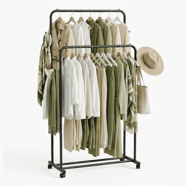LazySpin Clothes Racks, Double Rods Garment Rack for Hanging Clothes with Wheels for Laundry Closet Bedroom , Black