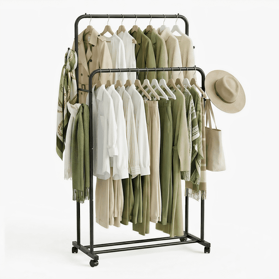 LazySpin Clothes Racks, Double Rods Garment Rack for Hanging Clothes with Wheels for Laundry Closet Bedroom , Black