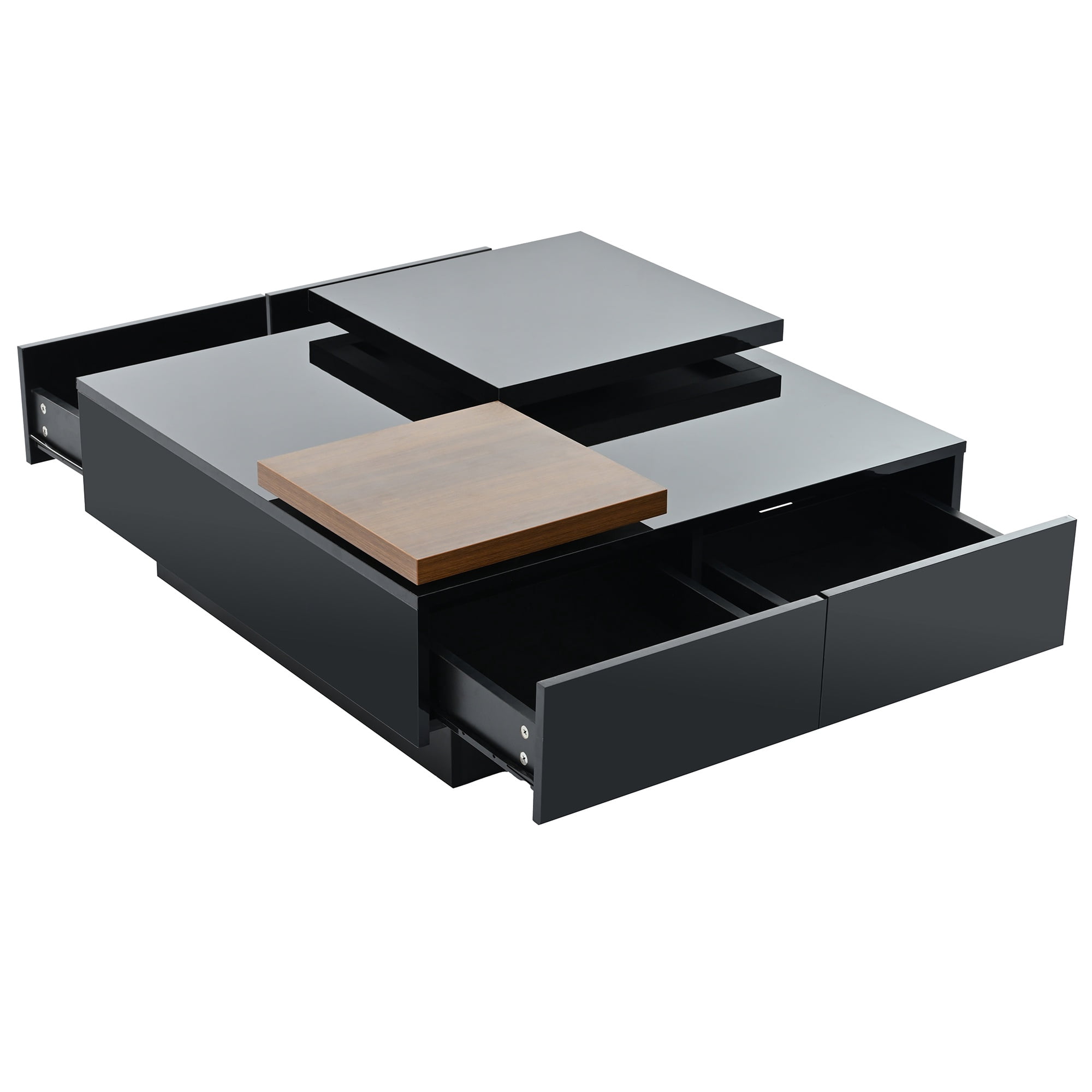 PORKISS Coffee Table, Wooden Coffee Table with Movable Top and High Gloss Finish, Freestanding Square Coffee Table with 4 Hidden Storage Drawers, Modern Cocktail Table for Living Room, Black