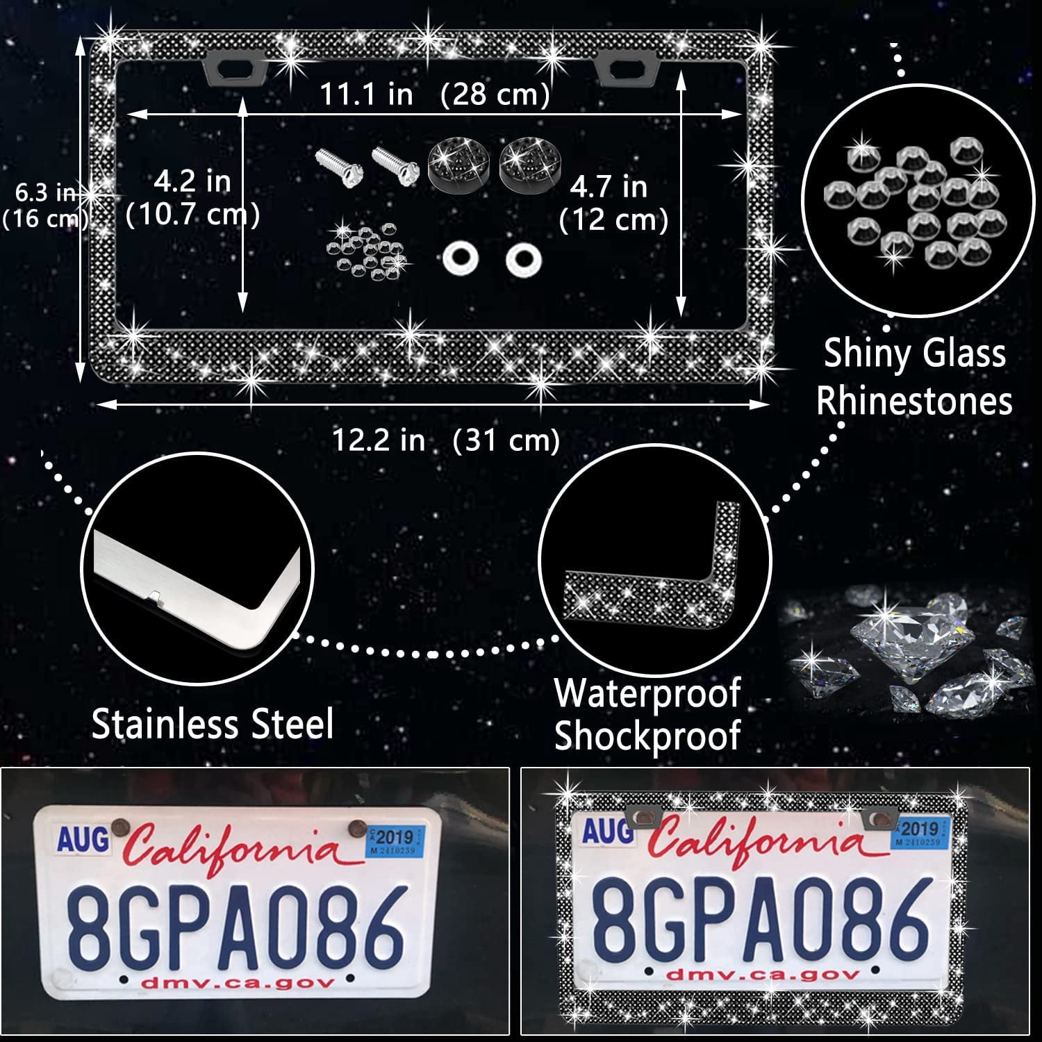 27 PCs Black Bling Car Accessories Set for Women, Steering Wheel Covers Universal Fit 15 Inch, Bling License Plate Frame, Bling Phone Holder, Bling Car Coasters (Black Diamond)