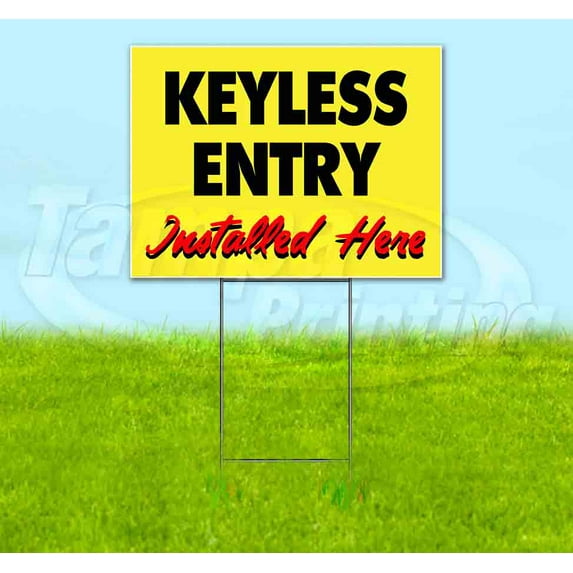 Keyless Entry Installed Here Yellow Cursive (18" x 24") Yard Sign, Includes Metal Step Stake
