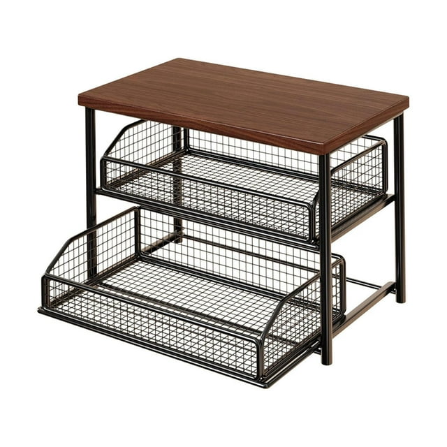 Organizador de café, estante de madera para encimera de cocina con cajón, multiusos de 2 niveles Negro
