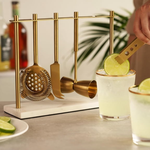 Gold Bar Tool Set with Marble Stand - Stainless Steel Cocktail Tools for Home Bartending