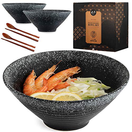 Ceramic Japanese Ramen Bowls Set of 2 - 60 ounce Large Noodle Soup Bowl,  with Chopsticks and Spoon for Asian Pho Udon Soba (Black)