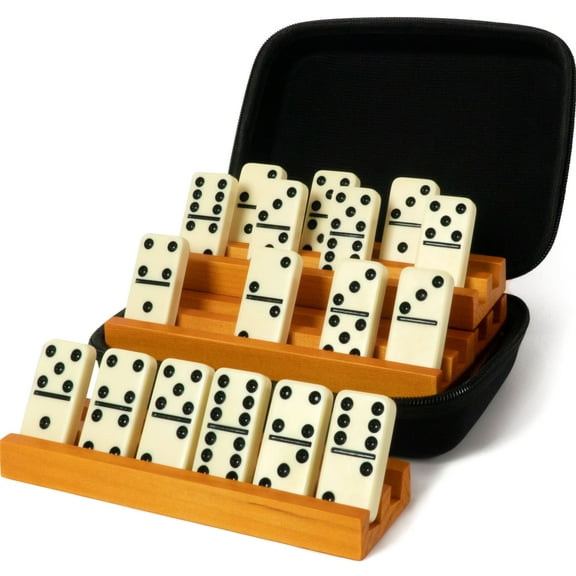 Dominos Set for Adults with 4 Domino Racks - Double 6 Dominoes Set with Domino Holder, Classic Board Games for Kids and Adults - Double Six Standard Dominos Set 28 Tiles with Travel Case