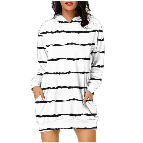 Womens Dress Women's Striped Hoodie Dress Long Sleeve Pullover Color Block Sweatshirt Dress with Pockets Trendy Clothes S-122 White L