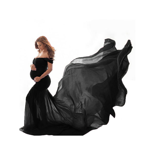 Maternity Off Shoulder Chiffon Gown W Long Train Maxi Photography Dress Wedding Party Photo