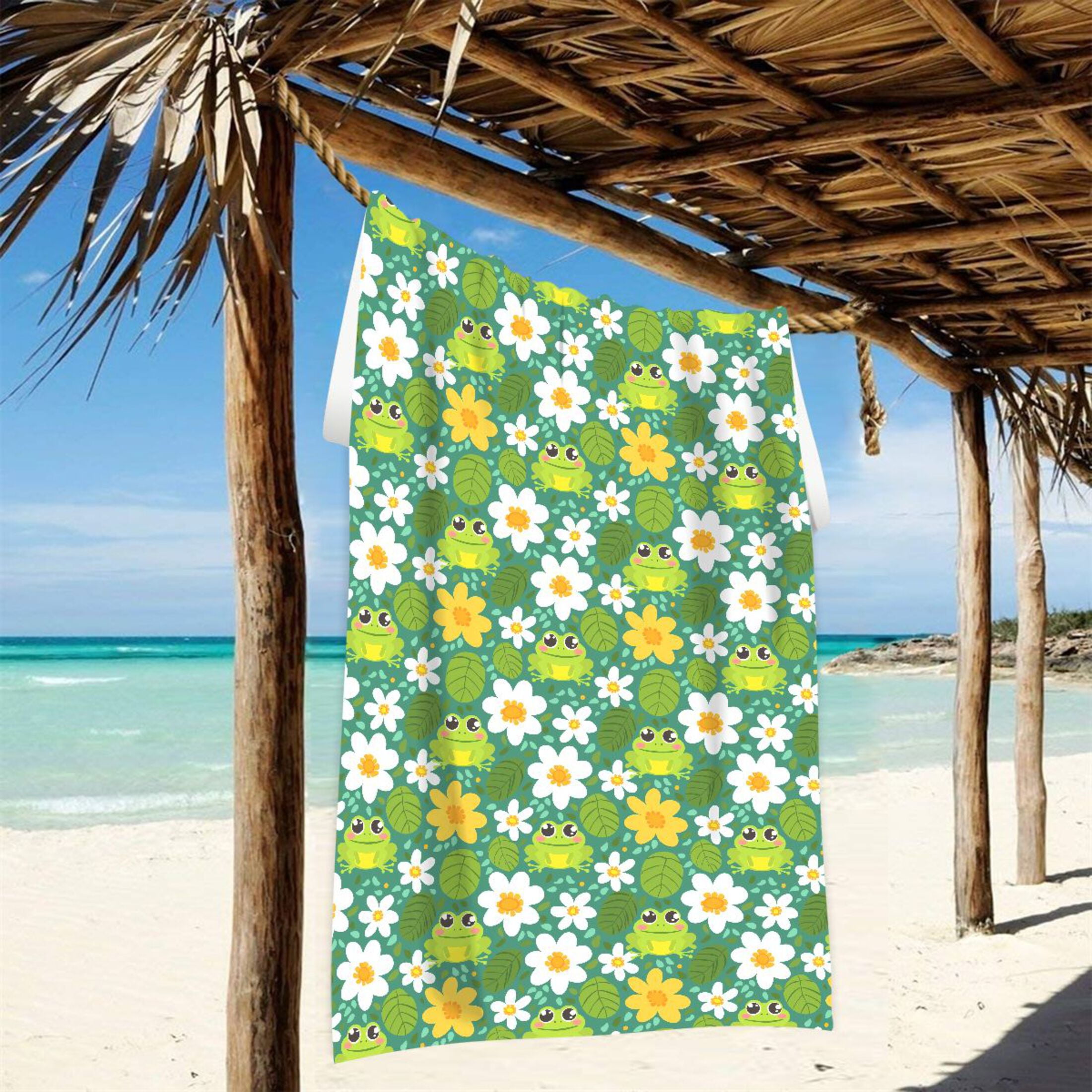Oversized Beach Towel Extra Large Absorbent Microfiber Bath Towels Soft Quick Drying Cute Frog Leaf Flower 74"x37"