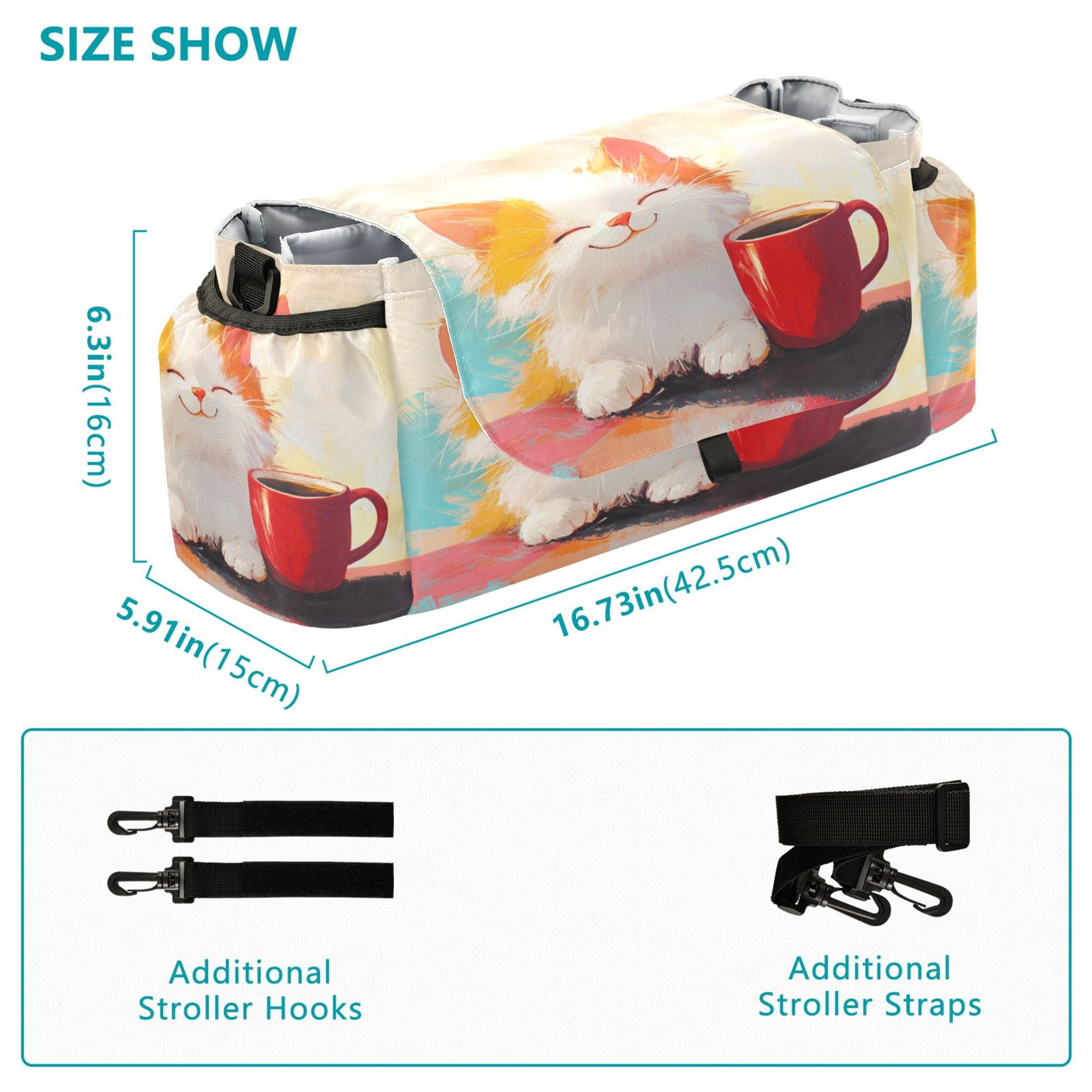 DIXRUYEE Stroller Organizer Joyful Kitty with A Mug Printed