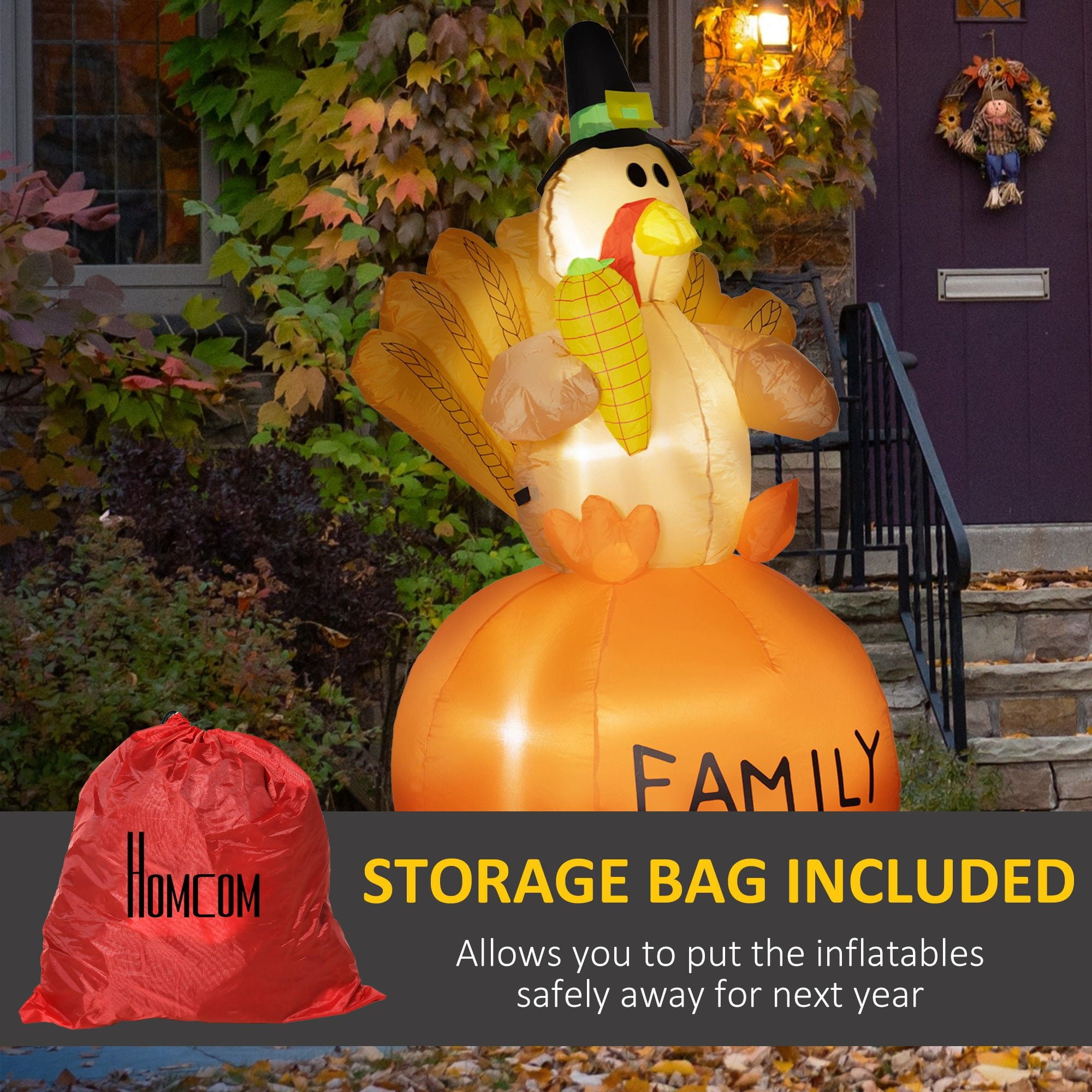 59.1IN Inflatable Thanksgiving Turkey with Wheat-like Tail Feather Decor with White LED Lights Waterproof Polyester Blow Up Yard Ornament