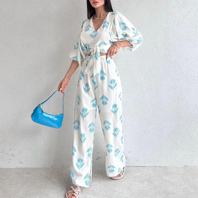 Traje informal de 2 piezas con mangas abullonadas y pierna ancha para mujer pantalones superiores elegantes atuendo diario FLhrweasw Nuevo