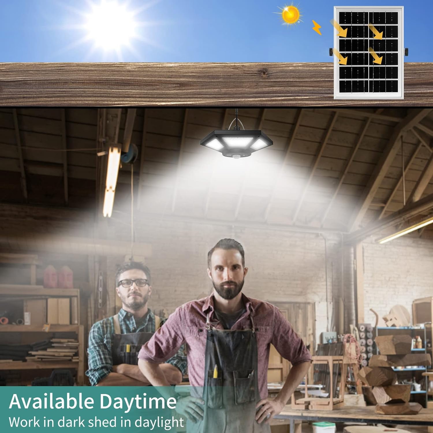Aoksun Solar Shed Light Solar Pendant Light Indoor Outdoor Work in Daytime with Remote Control, 360° Lighting Waterproof Solar Indoor Lights with Motion Sensor/Timer/5 Modes for Home Shed Garage Barn