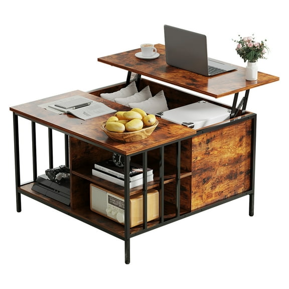 Farmhouse Lift Top Coffee Table with Storage - 31.5 Inch Adjustable Height Living Room Table for Home Office and Family Use with Hidden Compartment and 3 Shelves