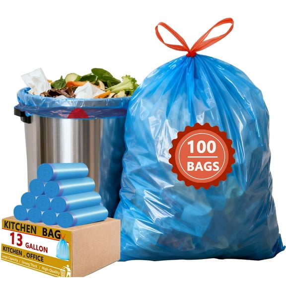 13 gallon Trash Bags Drawstring (Count 100), Tall Kitchen Garbage Bags, Blue