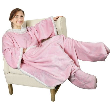 Sherpa Wearable Blanket with Sleeves & Foot Pockets for Adult Women Men,Comfy Snuggle Wrap Sleeved Throw Blanket Robe,Gift Idea,Blue