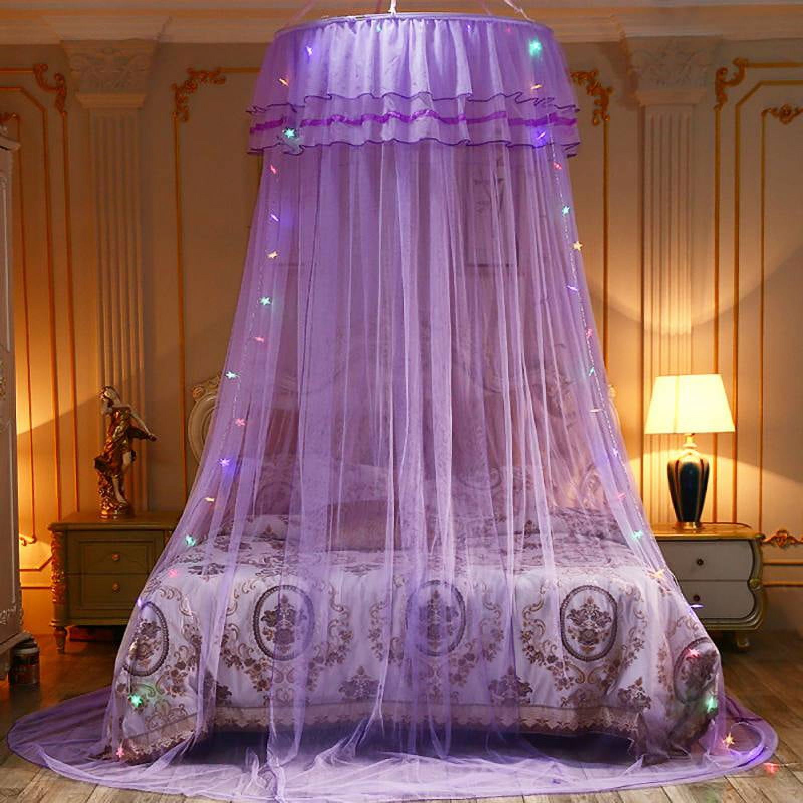 Bed Canopy Lace Crown Mosquito Net With String Light for Girls Bed, Round Hoop Princess Play Tent Cover Garden Lace Dome Curtains Baby Kids bedroom Decor, Size 27.5 "x 102"