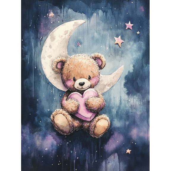 Cute Teddy Bear with Heart Moon Canvas Print, Perfect for Bedroom, Living Room, Nursery, Gallery Wall, and Apartment Decor
