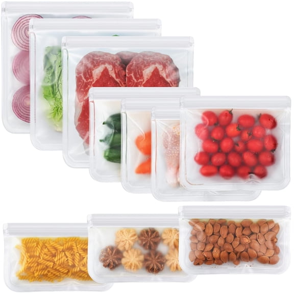 XZtimes 10 Pack Dishwasher Safe Reusable Bags, Silicone, Leakproof, BPA Free, Reusable Food Storage Bags for Lunch, Marinate, Freeze, Travel (Clear) - 3 Gallon, 3 Snack, 4 Sandwich