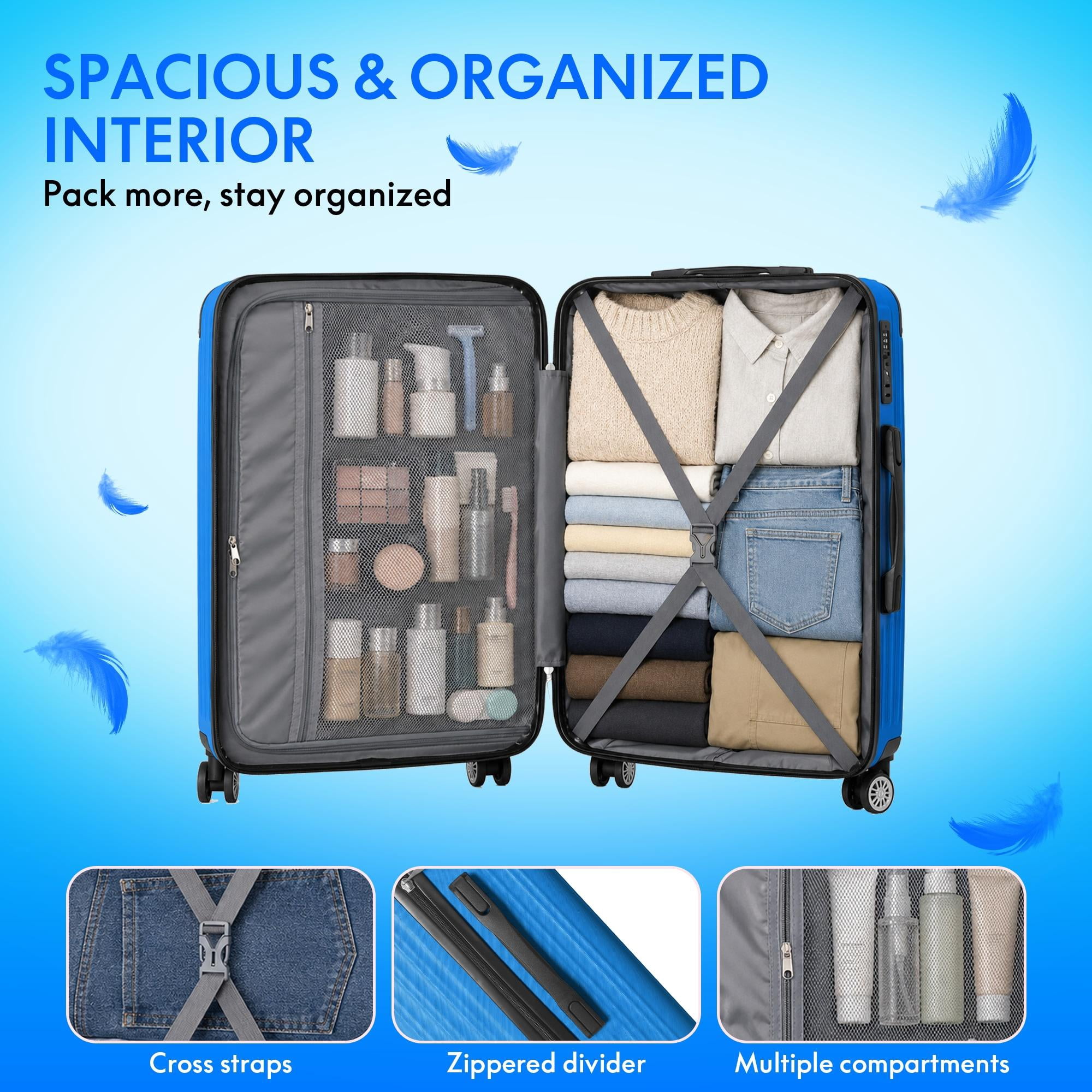 3-Piece ABS Hardshell Luggage Set, Lightweight Scratch-Resistant Suitcases with Silent Spinner Wheels & TSA Lock, Deep Blue