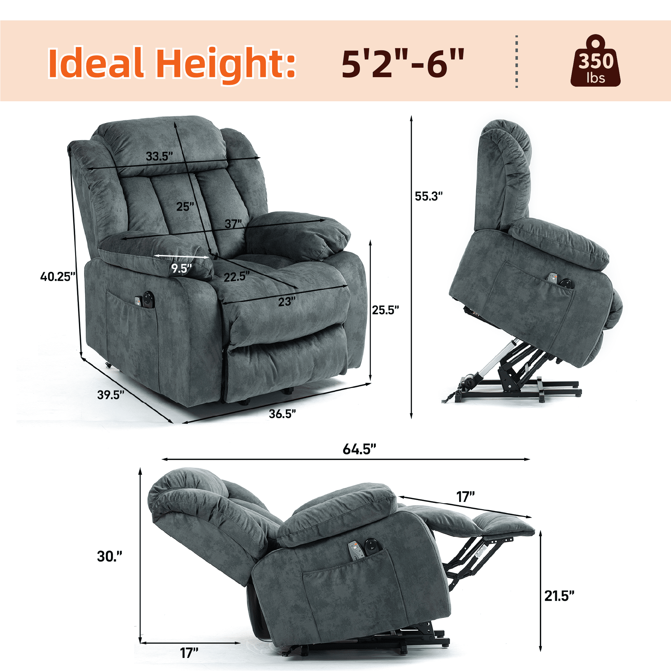 PAPROOS Recliner Chair, Electric Power Lift Recliner with Heat Therapy and Massage Function, Large Size Lift Chair with Remote and Side Pocket, Oversized Power Reclining Sofa, Gray Blue