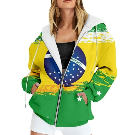Fshinging Patriotic Hoodie for Women Brazilian Casual Print Long Sleeve Zipper Hooded Sweatshirt Green 4XL
