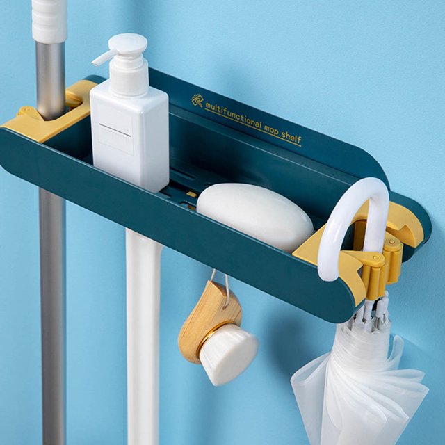 Worallymy Estante de almacenamiento para baño montado en la pared soporte para fregona y escoba estante de gancho para herramientas de plástico para inodoro de cocina azul y amarillo Worallymy JD735815553