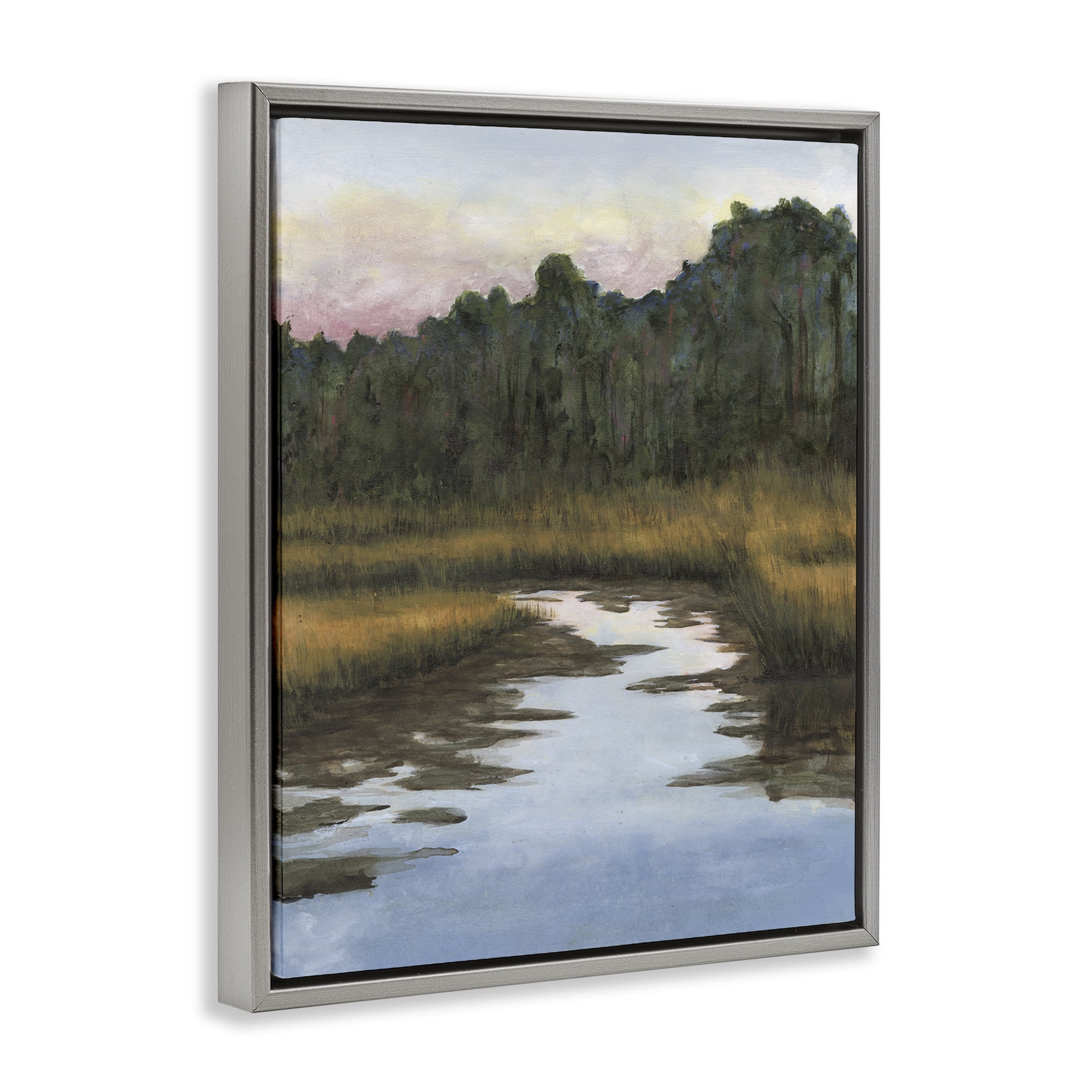 Stupell Industries Peace Stream in Nature Landscape & Nature Painting Gray Floater Framed Canvas Art Print Wall Art, 25 x 31