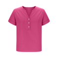 thumbnail image 4 of Linen Shirts for Women Button Down Shirts Short Sleeve Rolled up Cotton Tops Henley V Neck Solid Casual Blouses, 4 of 5