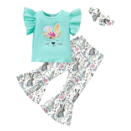 

Xiulive Toddler Kids Baby Girls Easter Outfits Short Sleeve Bunny Print Shirt Tops Flared Pants Bell Bottoms Headband 3Pcs Clothes Set Kids Classic Fit Outfits