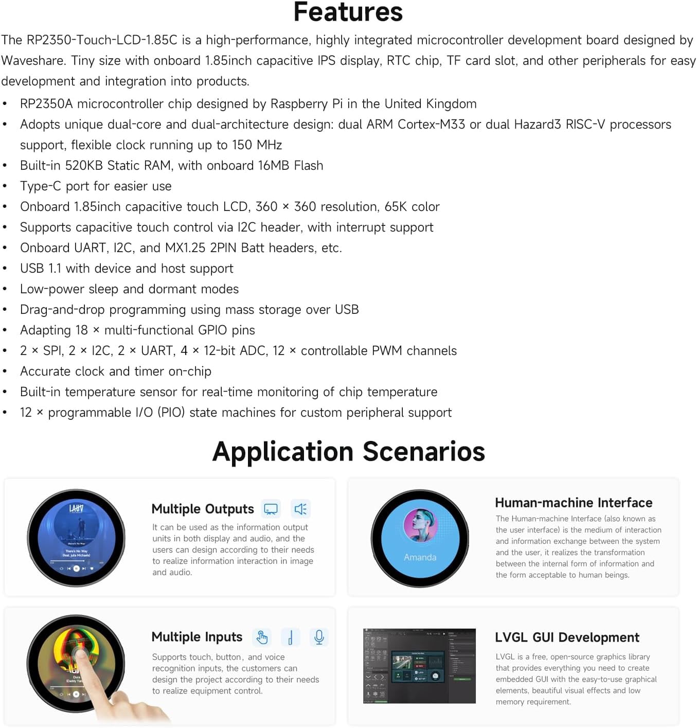 RP2350 1.85inch Round LCD Development Board, 360×360, 65K Color, Dual-core and Dual-Architecture Design, with Speaker Box and 3.7V Lithium Batt