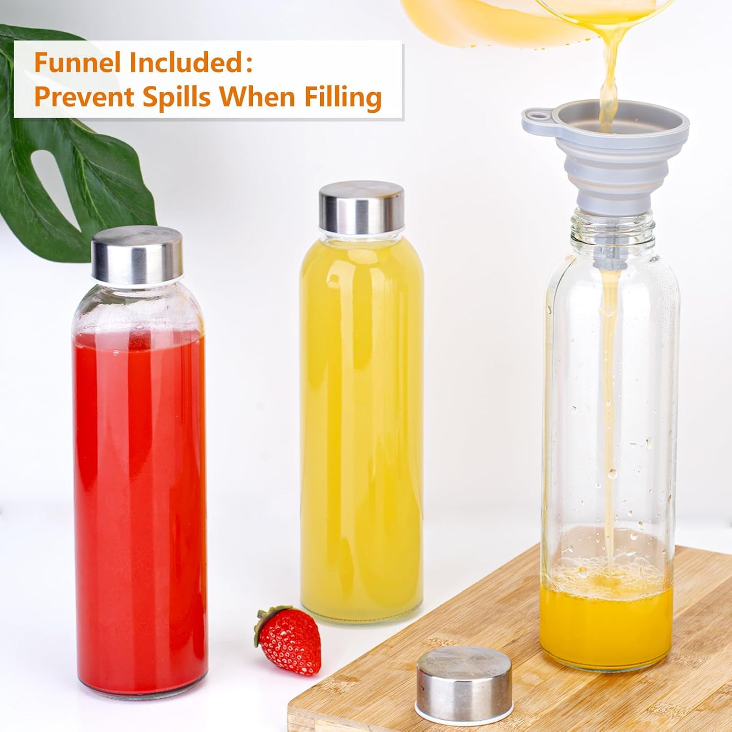Glass Juice Bottles with Lids for Juicing 18 oz, Reusable Clear Glass Water Bottles with Stainless Steel Airtight Cap for Refrigerator, 100% Leak Proof Drinking Jar, BPA Free, Set of 6