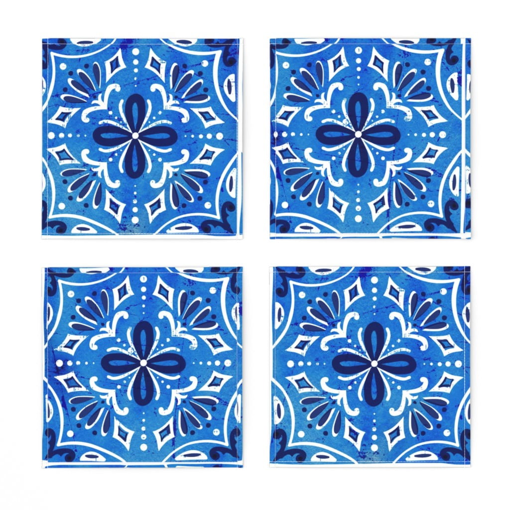 Linen Cotton Canvas Cocktail Napkins (Set of 4) Spanish Tiles Blue