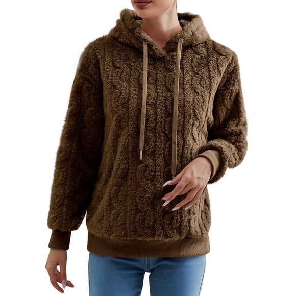 Rbaofujie Tunic Hoodies for Women Women Long Sleeved Warm Long Plush Solid Tops Brown Hoodies for Teens