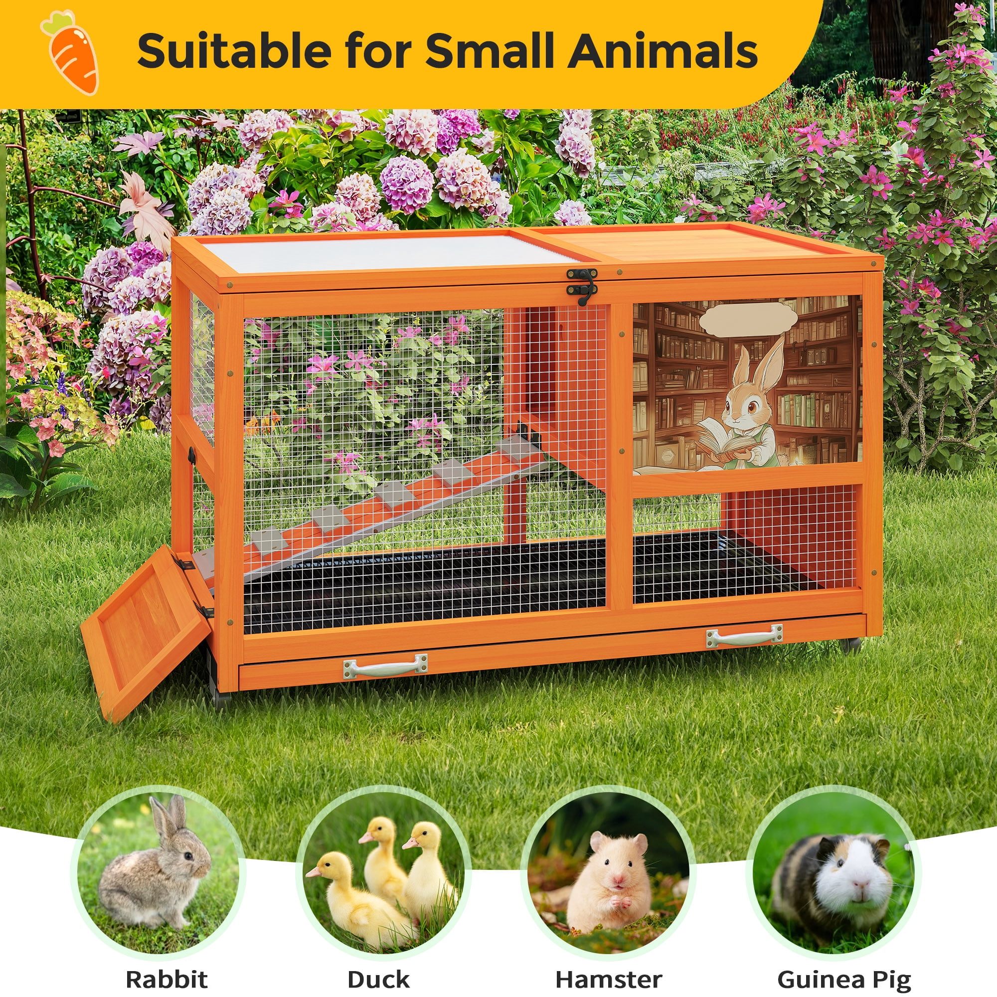 Fashion Wooden 36Inches Rabbit Hutch Outdoor with wheels Bunny Cage Indoor&Pull Out Tray, Openable Roof
